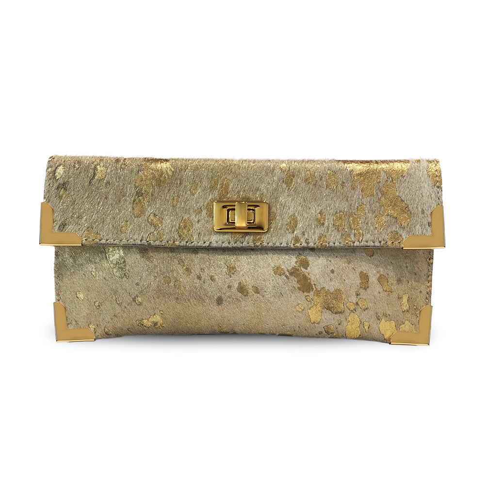 Fancy Ranch Clutch Bag in Gold and White Cow Hairon