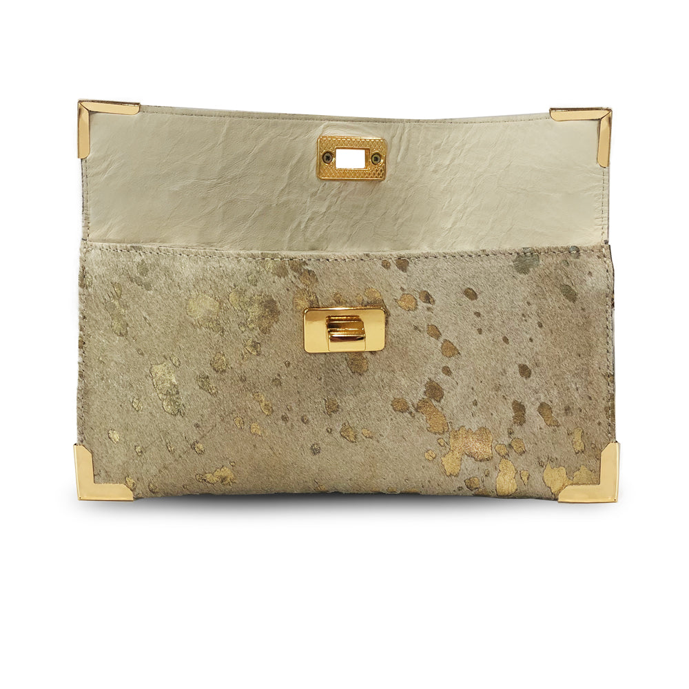 Fancy Ranch Clutch Bag in Gold and White Cow Hairon