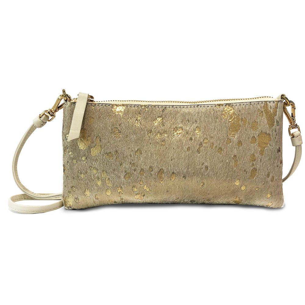 Fancy Ranch Crossbody Bag in Gold and White Cow Hairon