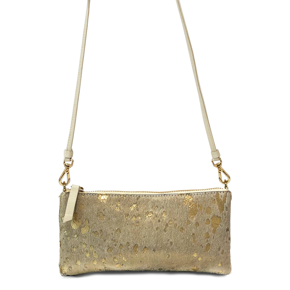 Fancy Ranch Crossbody Bag in Gold and White Cow Hairon