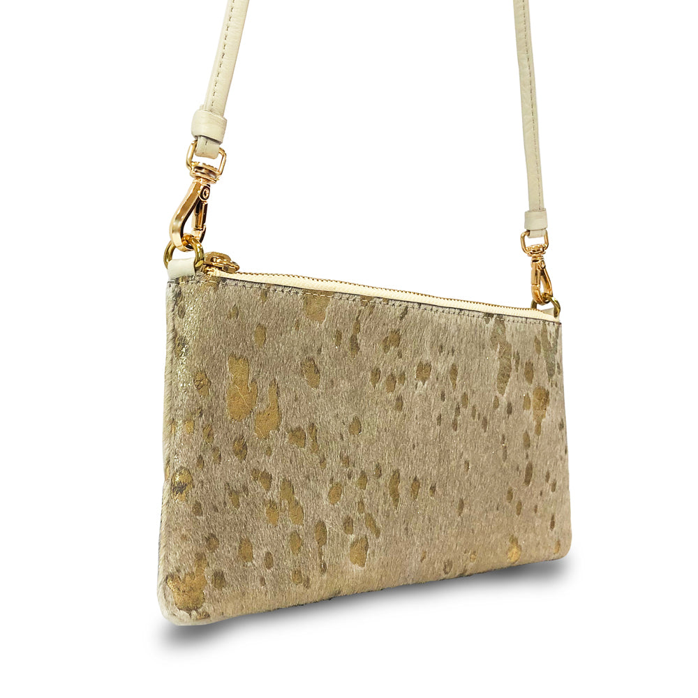 Fancy Ranch Crossbody Bag in Gold and White Cow Hairon