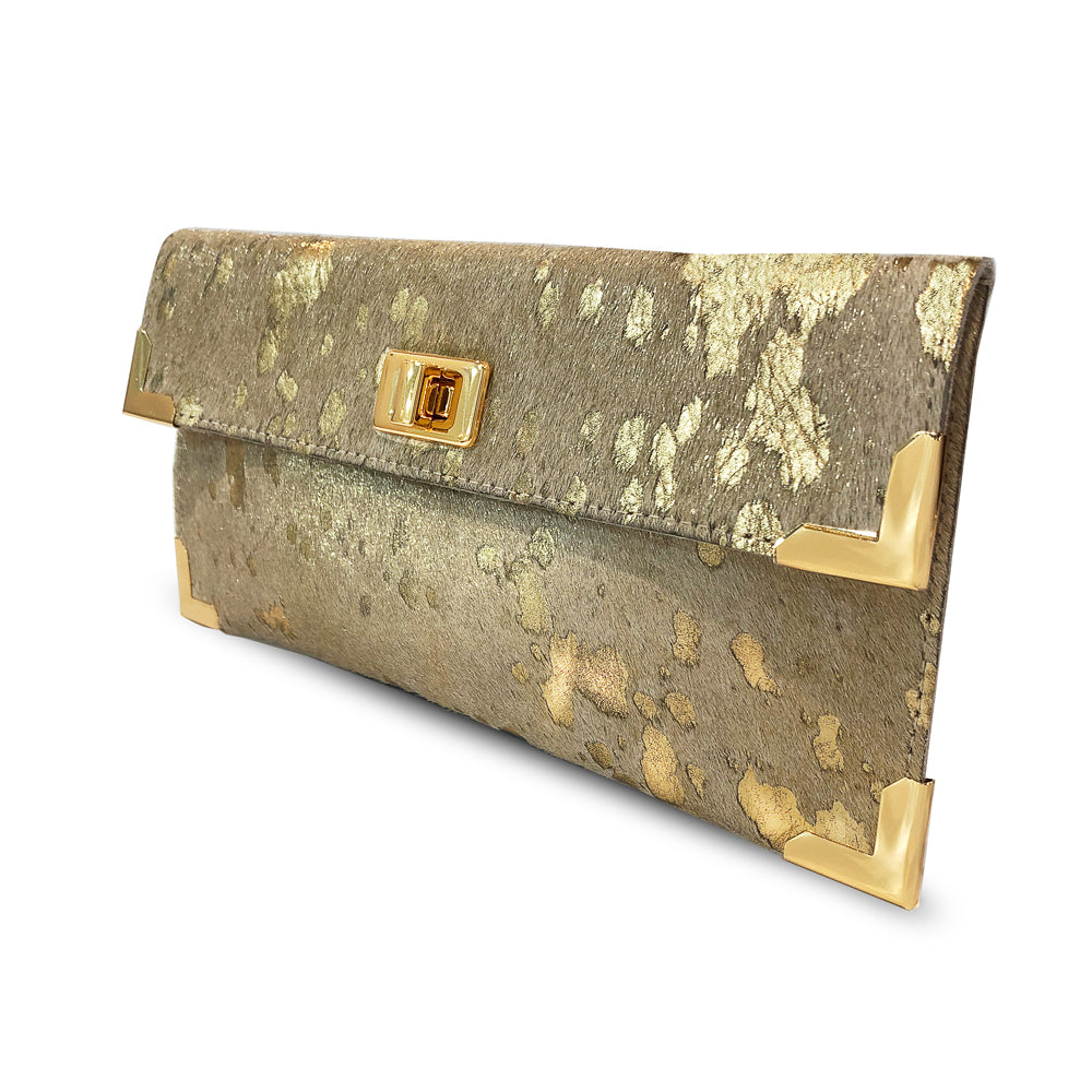 Fancy Ranch Clutch Bag  in Gold and White Cow Hairon